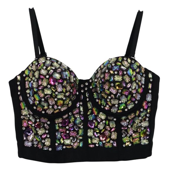 Embellished Crop Top Womens 38/85 Black Glamorous Coquette Y2K-Inspired Party - Picture 1 of 16